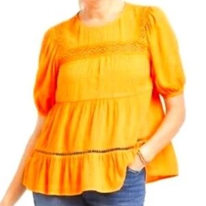 Knox Rose Women's Puff Short Sleeve Lace Inset Blouse - XL